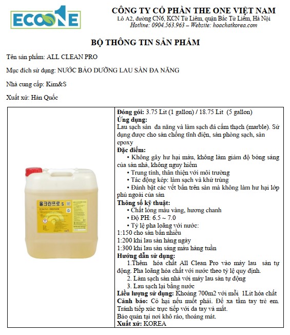 ALL CLEAN PRO – Nước lau sàn đa năng cho phòng sạch trong nhà máy sản xuất thực phẩm
